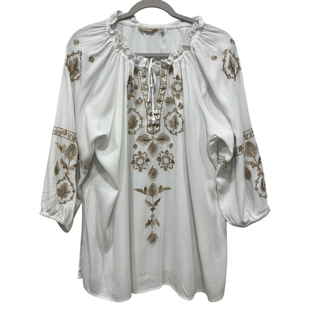 Soft Surroundings Blouse Top White Gold Embroidered Boho Peasant Size 1X Festive